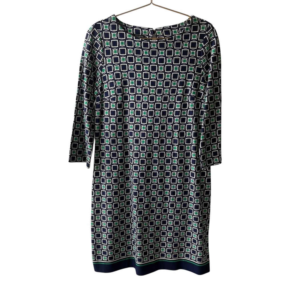 Talbots‎ Petites Geometric Print Career Dress 3/4 Sleeve Navy Green 8P